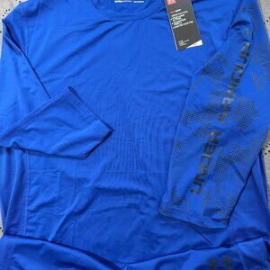 UNDER ARMOUR FITTED BREATHABLE #400 BLUE BLACK HALF SLEEVE SHIRT SIZE L MEN $34